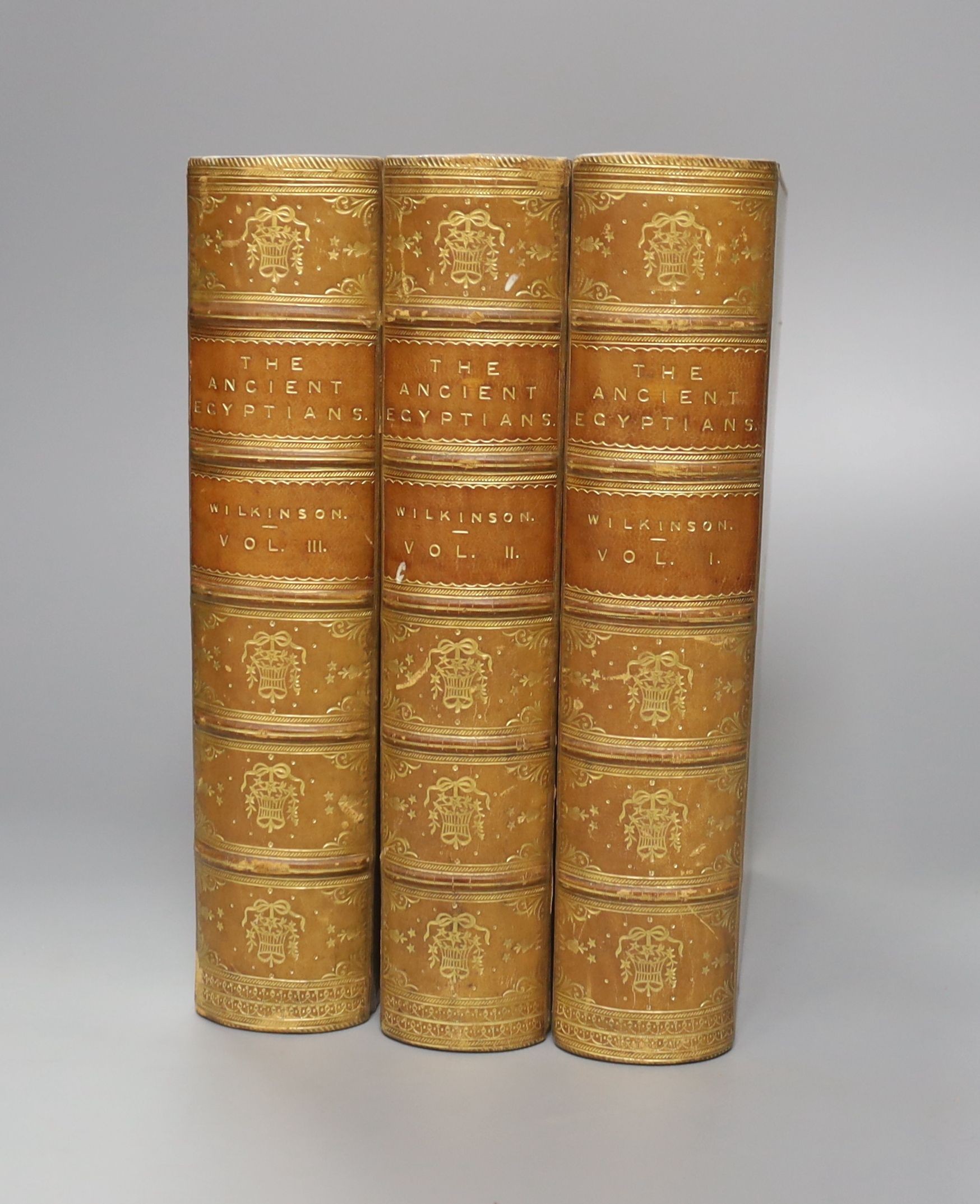 Wilkinson, Sir John Gardner. The Manners and Customs of the Ancient Egyptians. new edition, revised and corrected by Samuel Birch.... 3 vols. 27 engraved plates (mostly folded, some coloured) and num. text illus. (some f